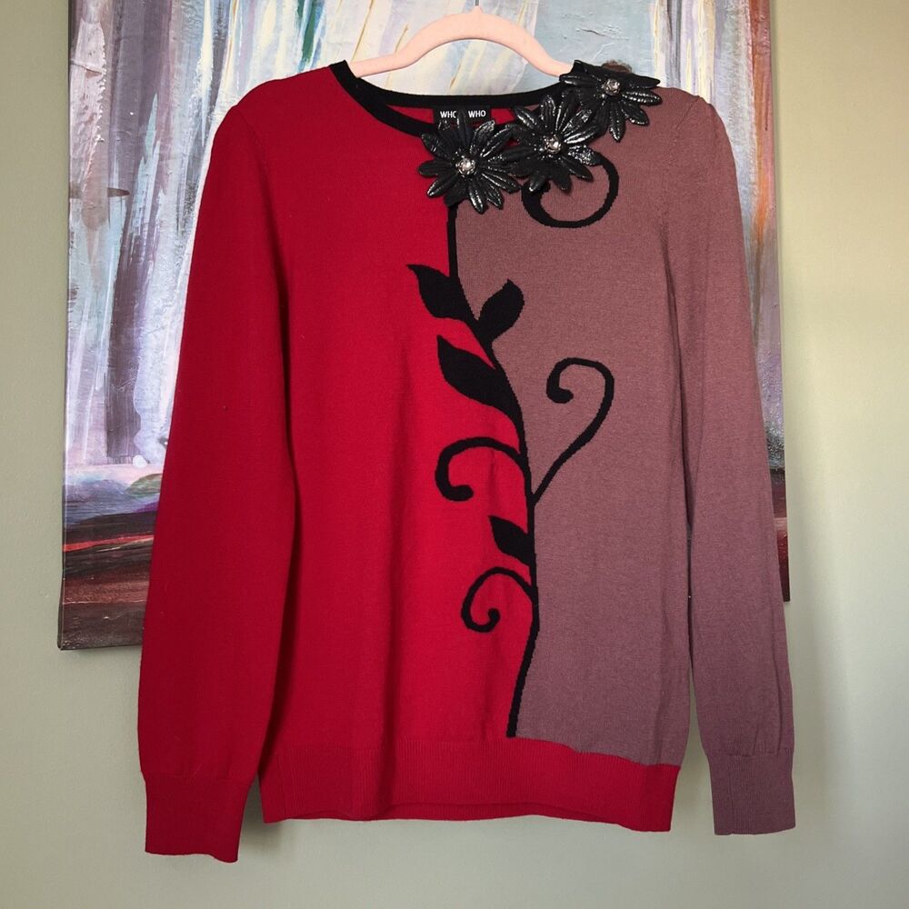 Who's Who Sz M-L Women’s Red Pink Sweater 100% Wool Floral Black/ See Details